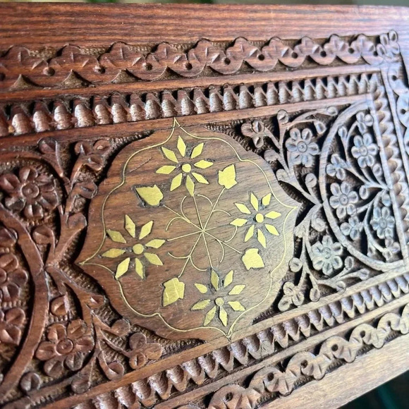 Hand-Carved Wooden Jewelry Box with Brass Inlay - 5x10” Made in India boho style - Picture 5 of 12